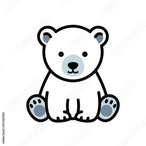 Adorable cartoon polar bear cub sitting patiently with a friendly expression isolated on white background
