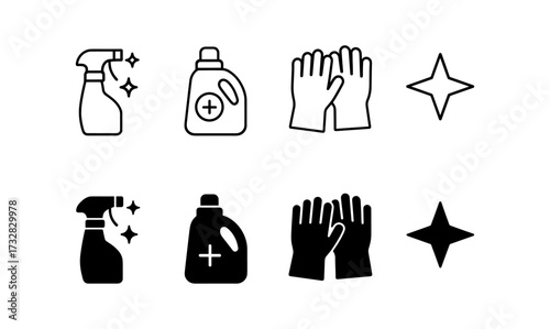 Cleaning essentials icons set featuring detergent, gloves, spray bottles, and sparkle symbols