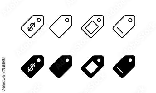 Minimalist icon set of price tags with dollar sign and barcode variations