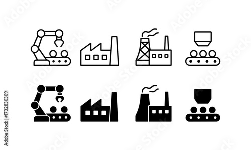 Industrial icon set featuring factories and conveyor systems in minimalist style