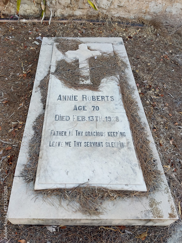 Haifa, Israel, 12 June 2025, at the Protestant Cemetery. The inscription on the gravestone reads. Annie Roberts.
 Epitaph: Father in thy gracious keeping, leave we thy servant sleeping.