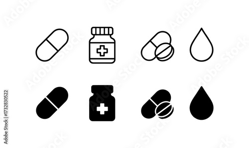 Minimalist medicine icons: capsules, bottles, pills, and droplet designs