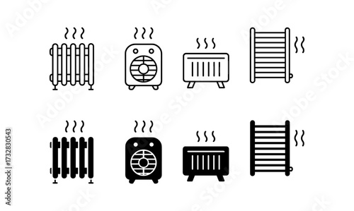 Home heating icons: diverse radiators and electric heaters collection