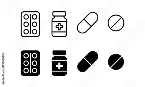 Medical icons set: linear and solid pills, bottles, blister packs for healthcare design