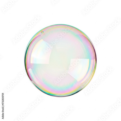 A single, iridescent soap bubble with colorful reflections on a white background.