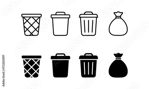 Trash and recycling bin icons in linear and solid styles