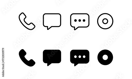 Minimalist communication icons with phone and chat bubbles in black and white