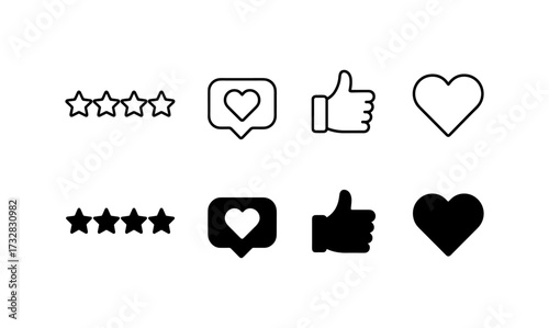 Minimalist social media icons: thumbs up, heart, star ratings in black and white