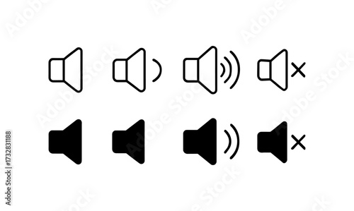 Audio volume icons set: linear and solid style for sound controls
