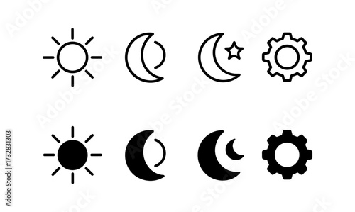 Minimalist day and night icons featuring sun moon and gear elements