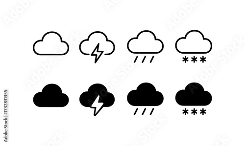 Set of simple weather icons: cloud, lightning, rain, snow in outline and solid styles