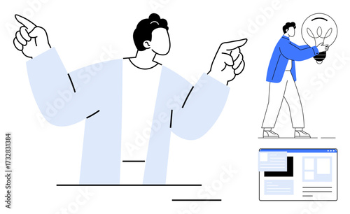 Abstract person gesturing with both hands, another carrying a glowing lightbulb, and a web interface. Ideal for creativity, teamwork, innovation, leadership, brainstorming, design business strategy