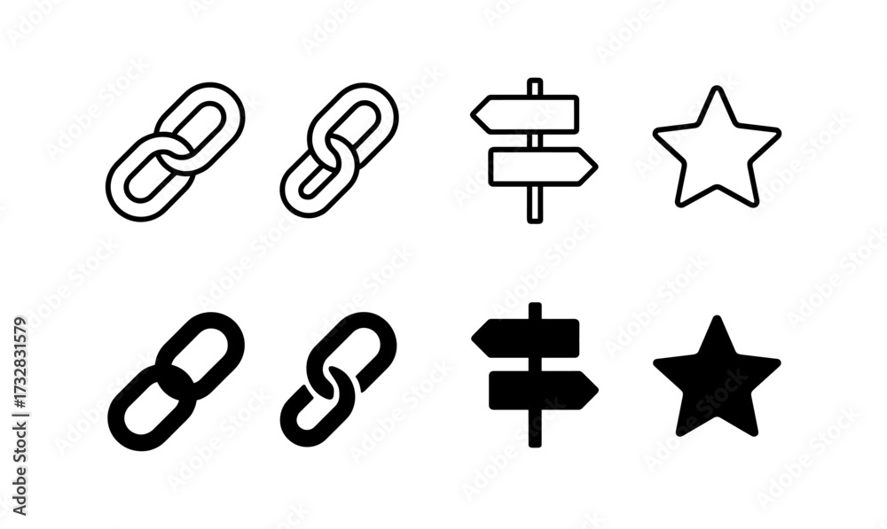 Obraz premium Minimalist icons of links, arrows, and stars in black and white