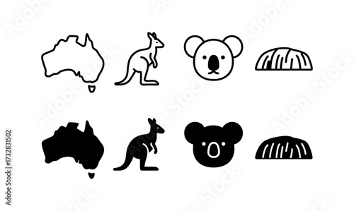 Australian icons in minimalist design: kangaroo, koala, and landmarks