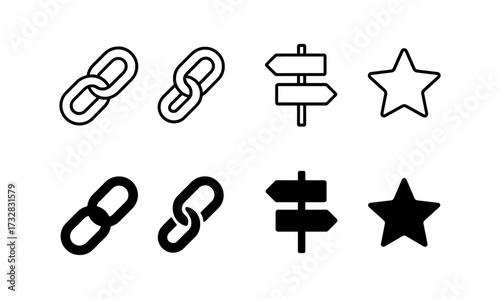Minimalist icons of links, arrows, and stars in black and white