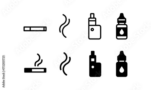 Minimalistic icons set of cigarette, vaping device, and e-liquid bottle for infographics