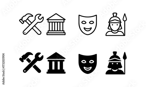 Minimalist ancient greece icons: tools, theater, architecture, and soldier