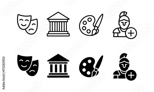 Theater, art and history icons set featuring masks, museum, palette and roman warrior