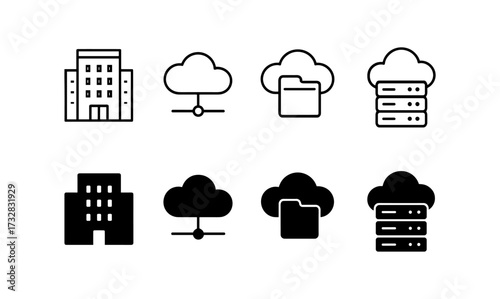 Minimalist cloud computing and data storage icons set in black and white