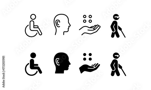 Accessibility symbols set featuring disability and support icons