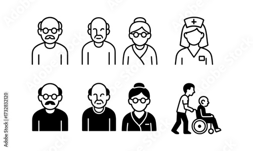 Healthcare and elderly care icons featuring seniors and nurse in simple style