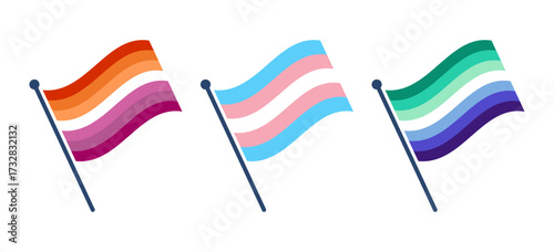 Set of wavy LGBT community pride flag vector illustration.
