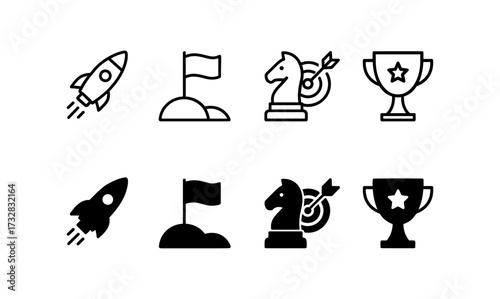 Simple black and white icon set featuring rocket, flag, knight, and trophy