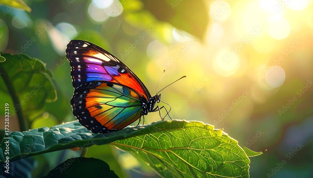 Fototapeta premium Vibrant butterfly resting on a leaf, bathed in sunlight