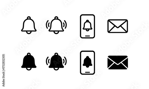 Minimalist notification icons set featuring bell and envelope designs