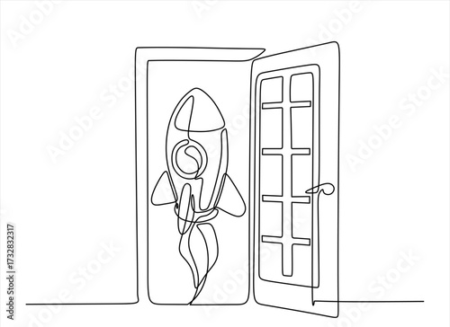 Continuous one line drawing of flying rocket fast through an open door. New ideas for business solutions, starting new projects to achieve goals or develop business growth.Hand drawn. Editable stroke