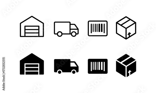 Warehouse and logistics icons set featuring delivery, barcode, and packaging symbols