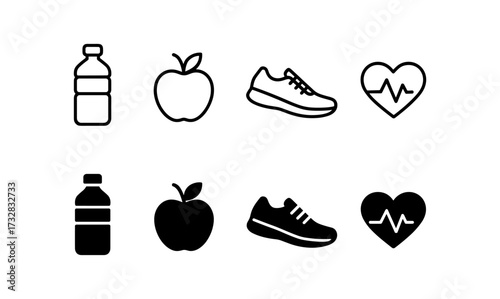 Minimalist wellness icons: fitness, hydration, nutrition, heartbeat in simplistic black and white