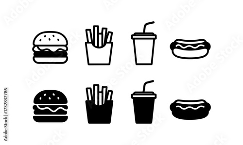Minimalist fast food icons set featuring burger, fries, drink, and hot dog