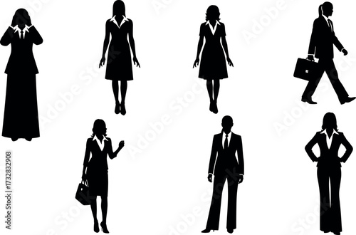 Businesswoman and businessman silhouettes in professional attire, diverse poses, corporate fashion, career concept, office people vector illustration set