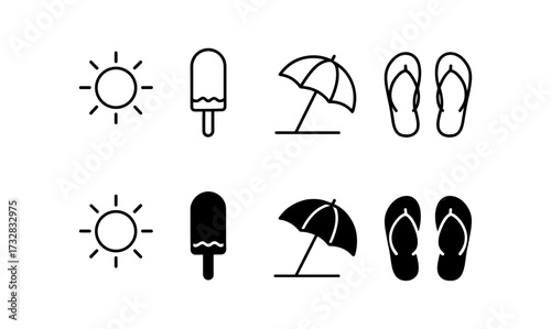 Minimalist summer icons set featuring sun, ice cream, umbrella, flip flops