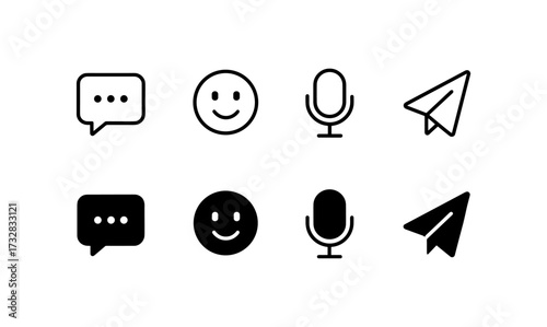 Simple icons set: chat, smile, microphone, paper plane in modern flat style