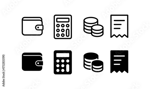 Finance icons including wallet, calculator, coins, and receipt in a minimalist style