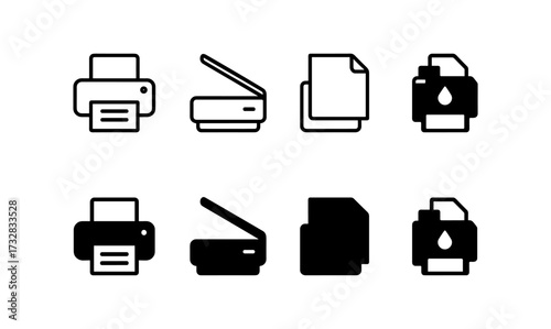 Minimalist printer icons set: outline and filled styles for office design