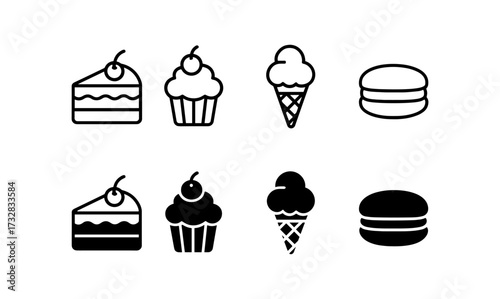 Black and white dessert icons set featuring cake, cupcake, ice cream, macaron