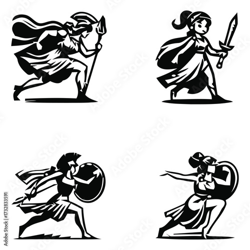 Set of Four Female Warrior Goddess Avatar Black Vector Icons, vector illustration of a set of cartoon characters