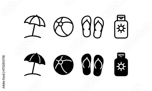 Minimalist summer icons featuring umbrella, beach ball, flip flops, and sunscreen