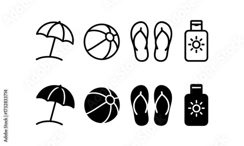 Minimalist beach icons set with sun umbrella, ball, sandals, sunscreen