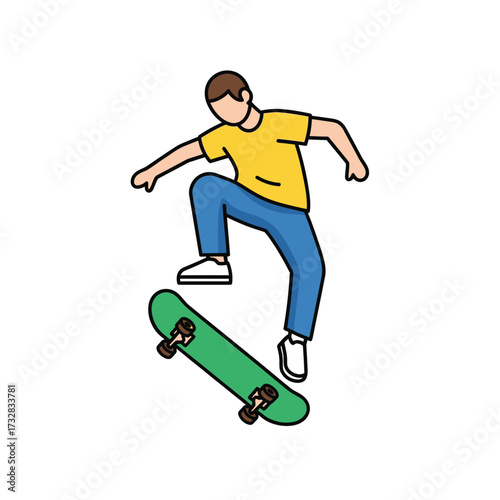Young person performing a trick on a green skateboard isolated on white background
