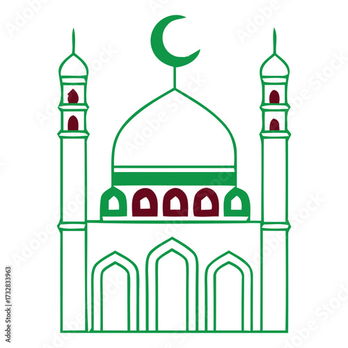 Green Outline Mosque with Minarets and Crescent Icon: Islamic Architecture Vector