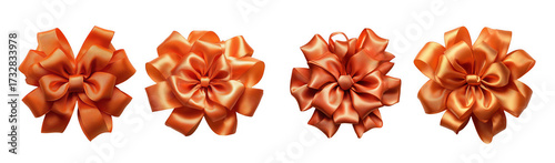 Four shiny orange ribbon bows isolated on transparent background