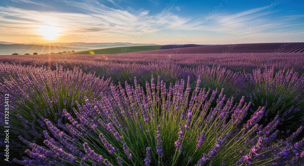 Obraz premium Lavender field during sunrise landscape