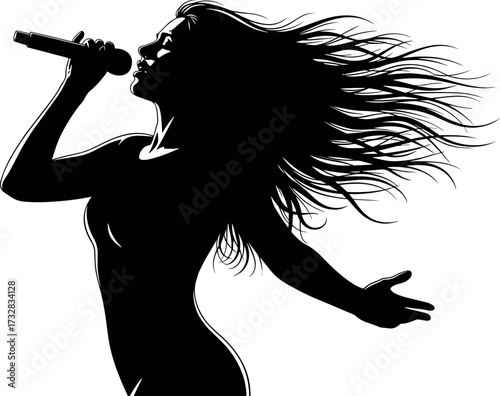 Silhouette of energetic singer performing live with microphone, long hair flowing, expressive pose, music concert vibe, dynamic vocal performance art