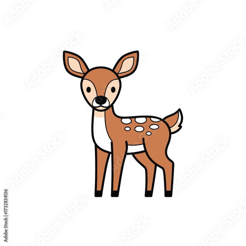 Adorable cartoon fawn with spotted coat standing gracefully isolated on white background