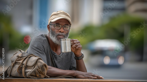 Fototapeta Naklejka Na Ścianę i Meble -  A small business owner managing a family legacy takes a coffee break on city streets sipping from a metal thermos its cap dented on a wooden bench its grain worn. A leather