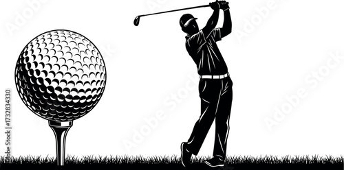 Golf ball on tee with golfer swinging club in action pose, black and white vector illustration for sports concept design
